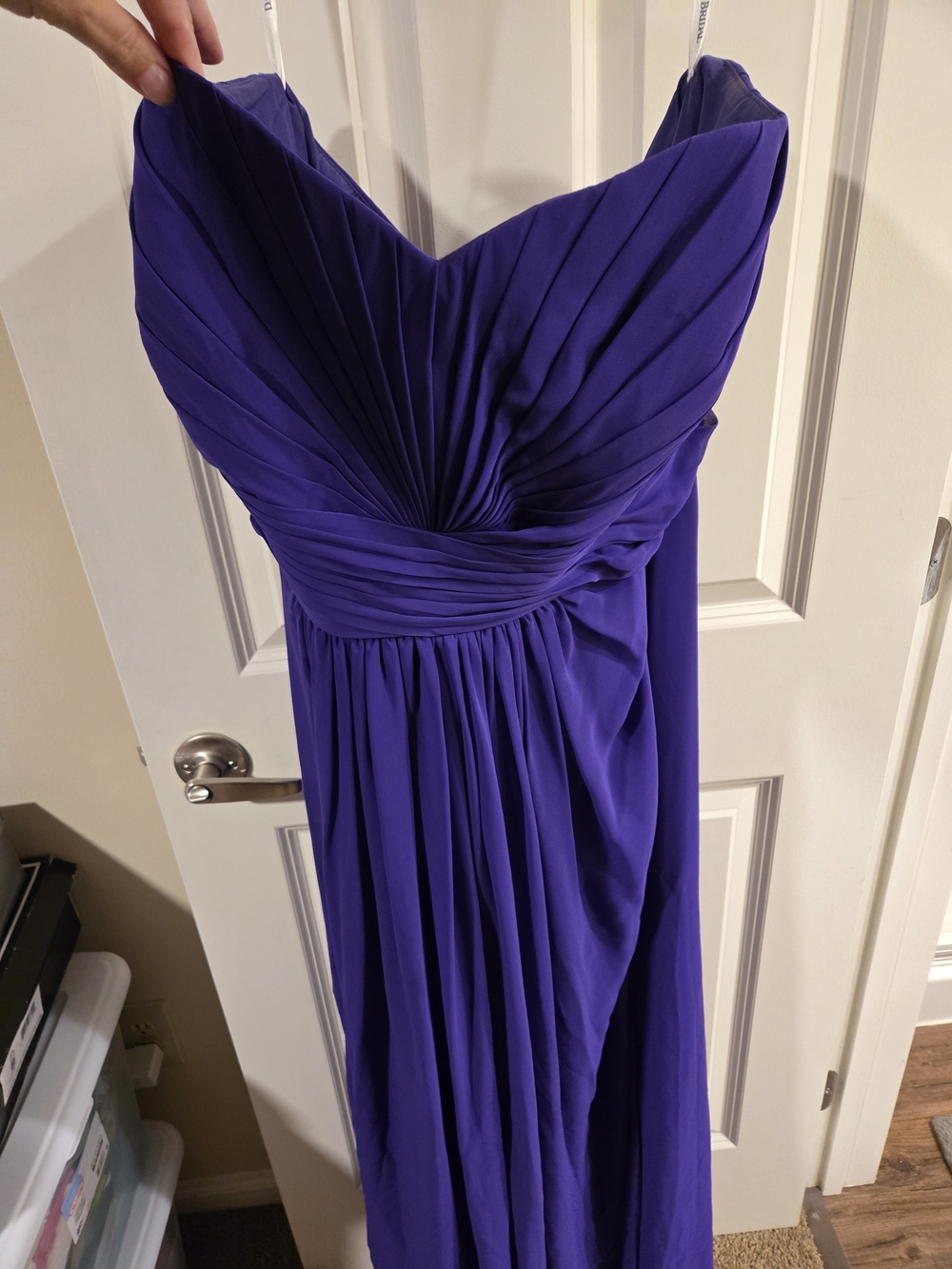 David's Bridal Strapless Royal Purple Pleated Gown